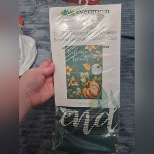 Evergreen Decorative House Flag with Floral and Pumpkin Design!